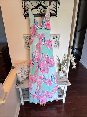 lilly pulitzer silva dress Lilly Pulitzer Womens Silva Maxi Dress (Size 4) (Galaxy Blue What The Shell Engineered Maxi)